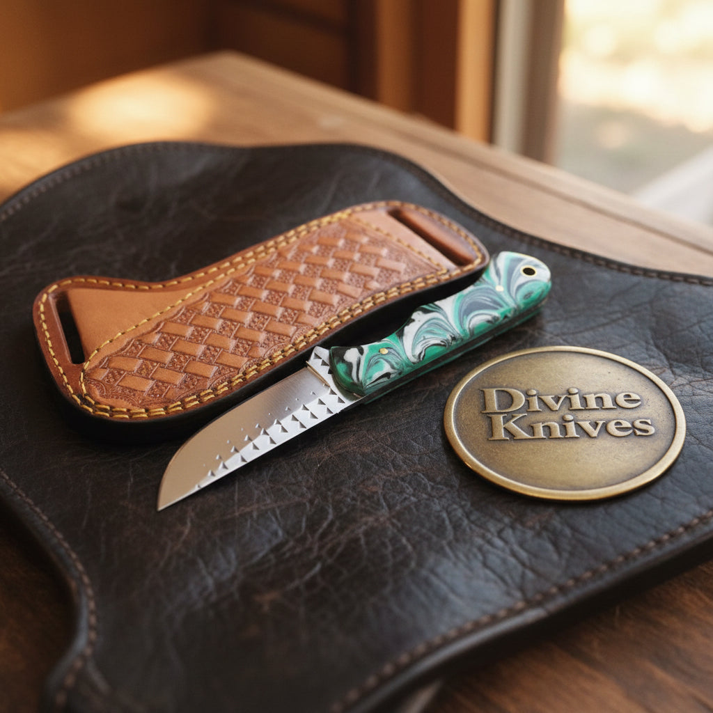 Green Swirl Resin Rasp Cowboy Knife with product detail, view 3