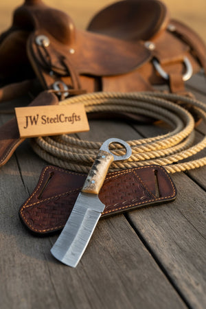 Finger Loop Prairie Bull Cutter 6.5" Handmade Damascus Steel Leather Crossdraw
