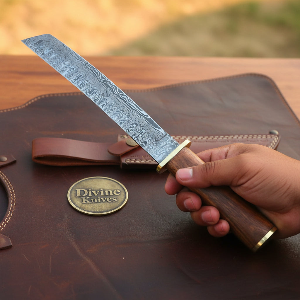 Damascus Steel Japanese Tanto Chef Knife with Rosewood Tsuka Handle