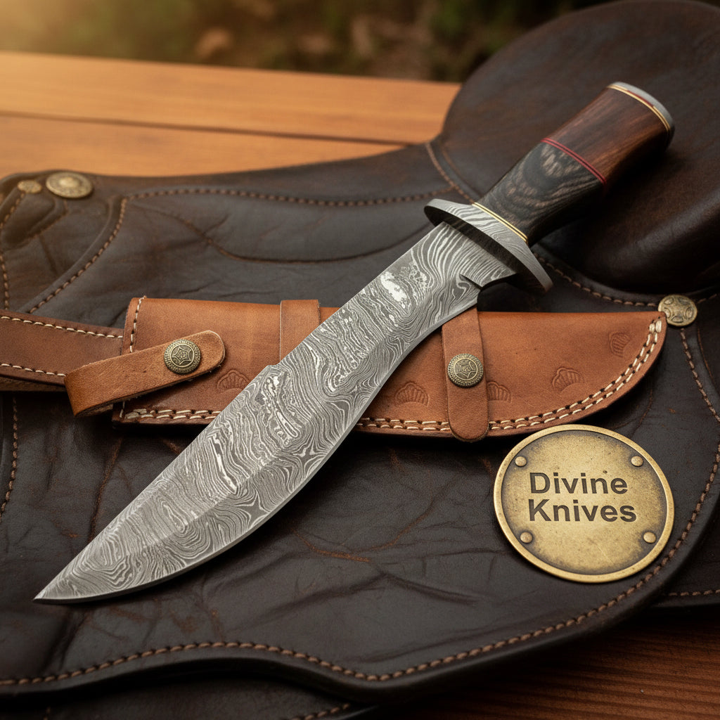 Damascus Recurve Hunter Bowie with Curved Edge Blade and Stacked Wood Handle