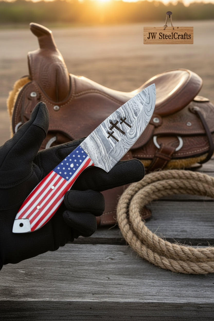 Old Glory Hunting Knife Damascus American Flag Handle by JW SteelCrafts — view 1 of 1