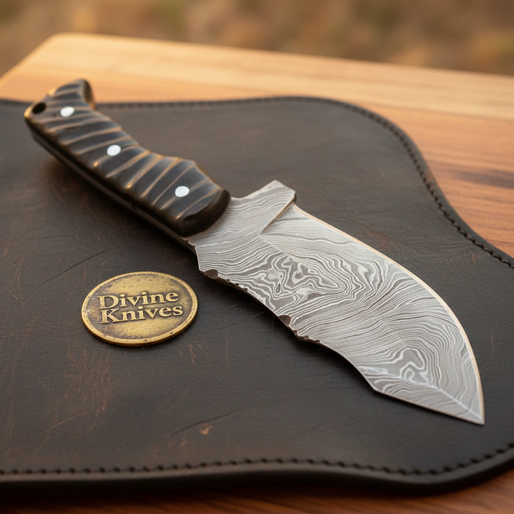 Layered Tanto Tracker Knife with Grooved Micarta Handle and Notched Ricasso