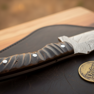 Layered Tanto Tracker Knife with Grooved Micarta Handle and Notched Ricasso