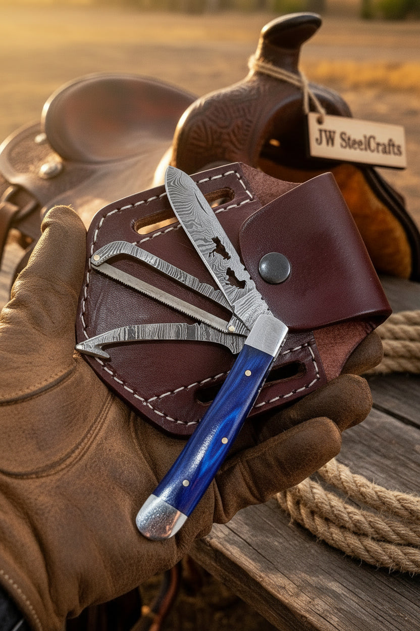 Sapphire Trail Damascus Trapper Folder 7" Handmade Two-Blade With Blue Resin Handle