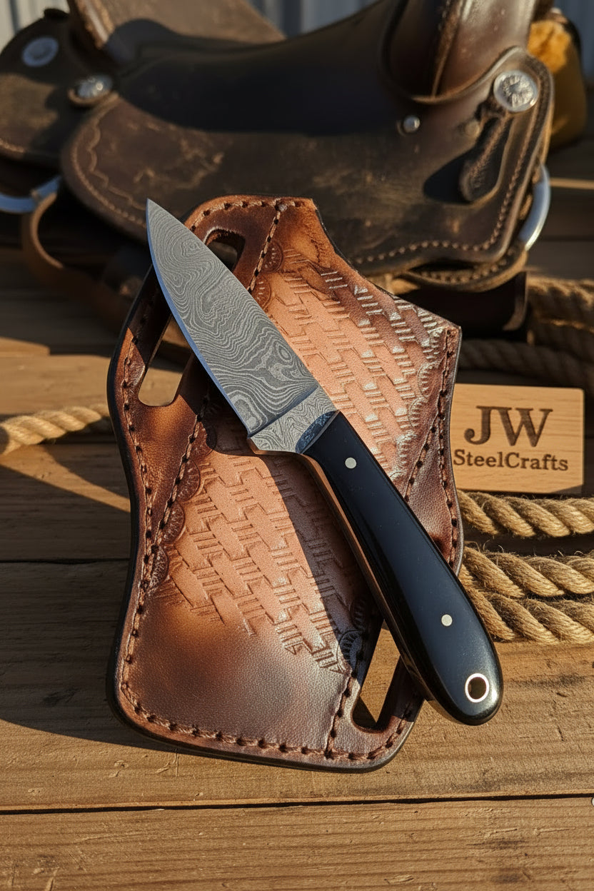 Onyx Ridge Cowboy Knife 8" Handmade Damascus Bottle Opener Black Resin handle