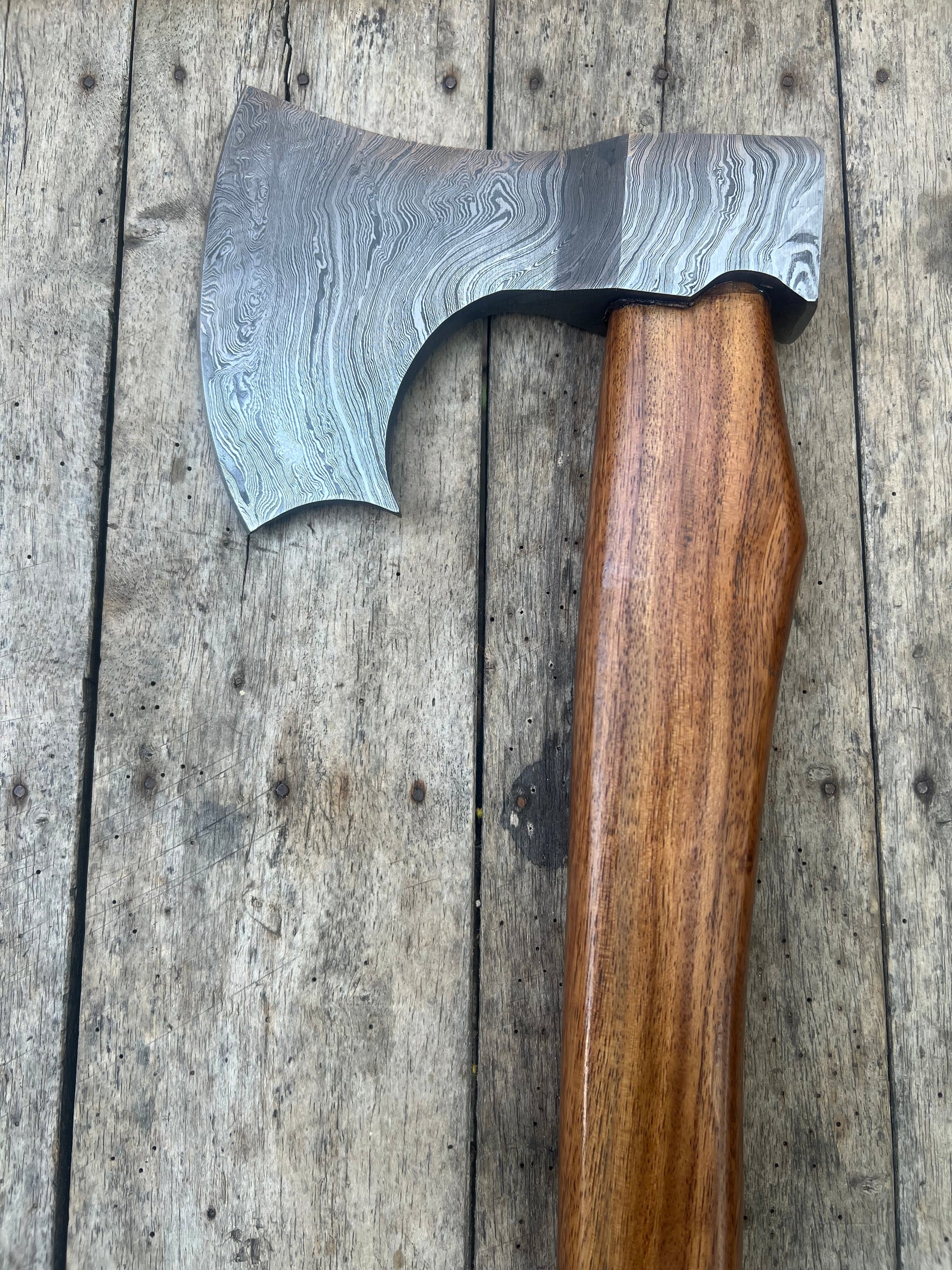 Damascus Viking Bearded Hatchet with Bare Wood Haft