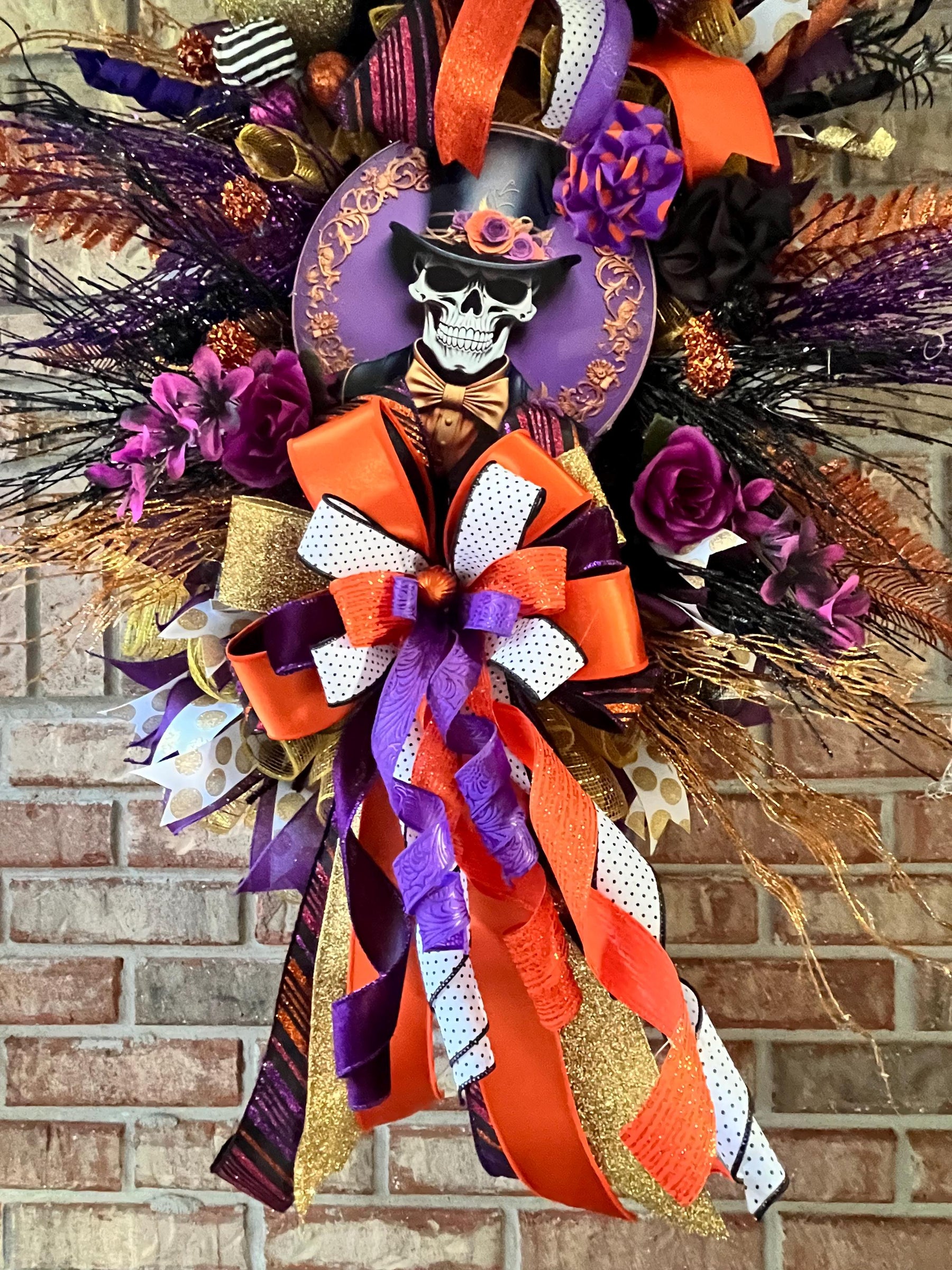 Mr. Skelly Halloween Wreath | Orange, Black & Purple by Bouge Creations, view 9