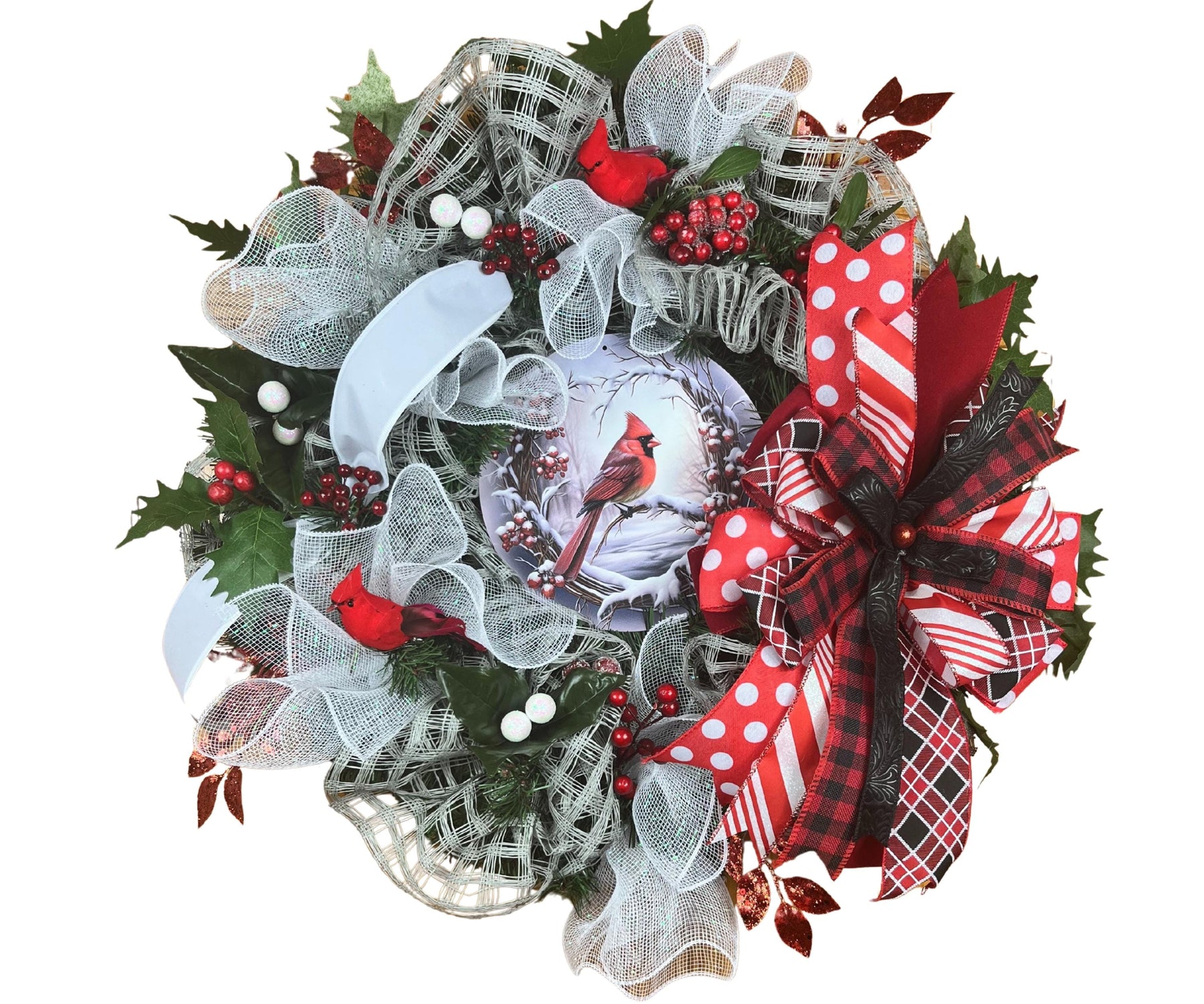 Cardinal Christmas Wreath | Red Plaid Winter Door Decor handmade by Bouge Creations
