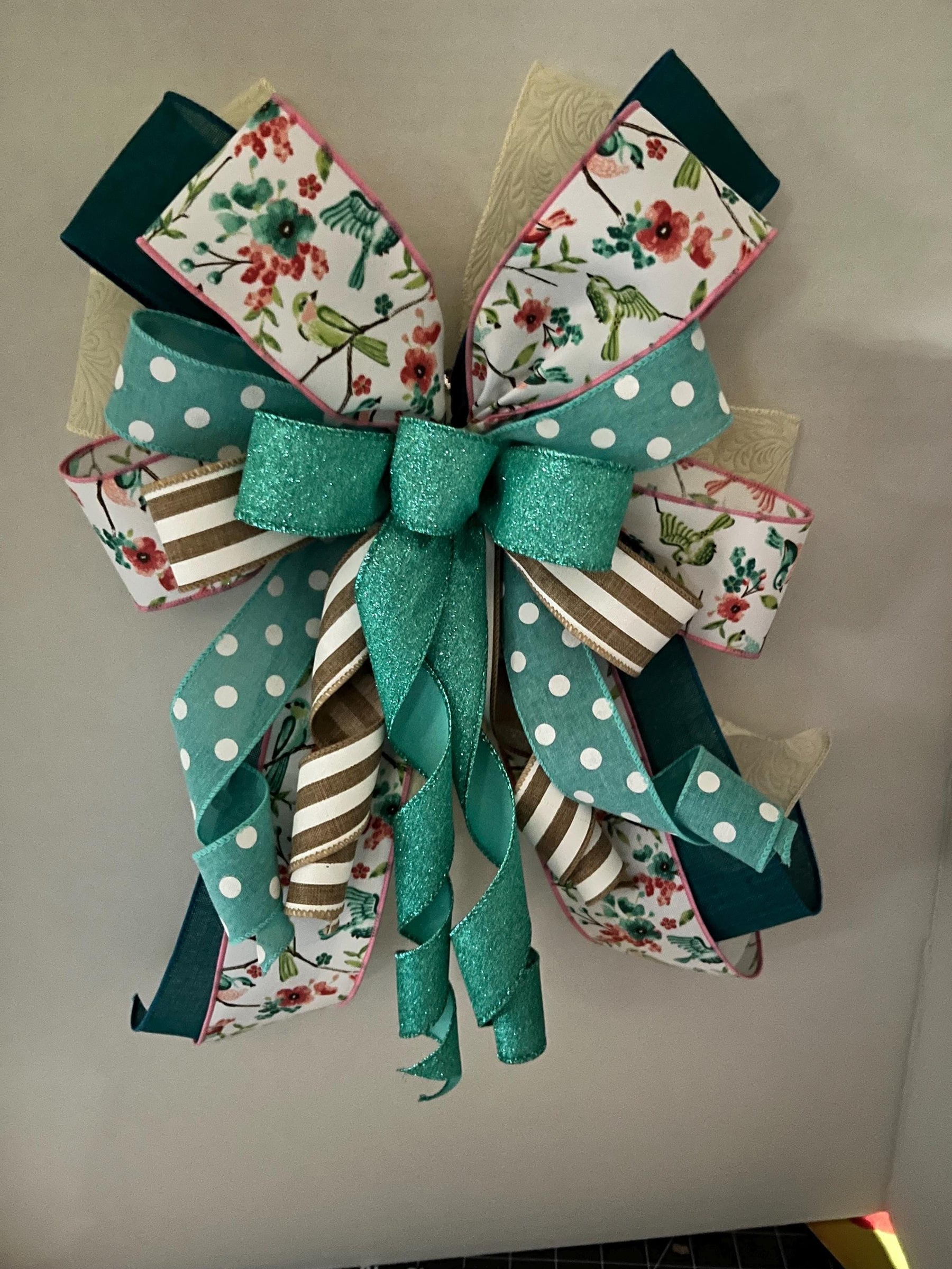 Teal Garden Bloom Bow | Floral Bird Wreath Accent by Bouge Creations, view 2