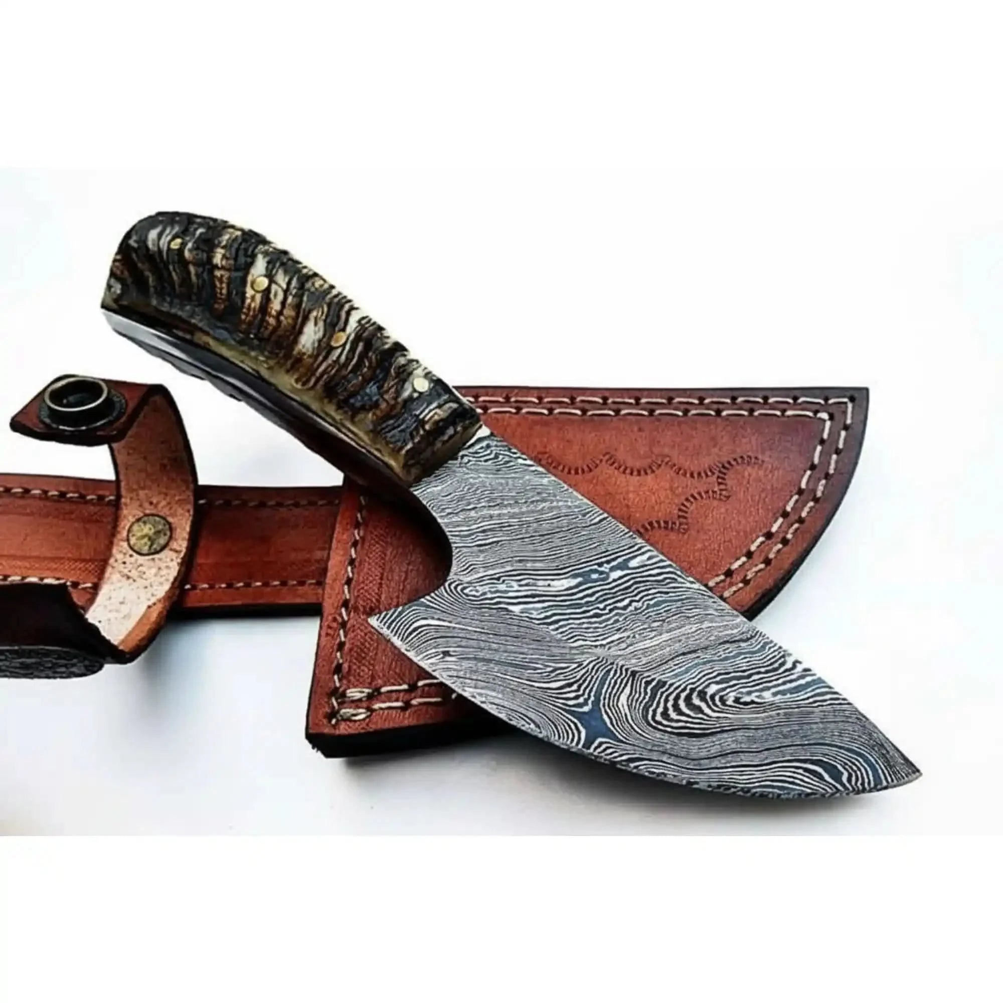 6 Inch Damascus Steel Skinner Knife with Ram Horn Handle and Leather Sheath by JW SteelCrafts, leather knife sheath main product photo