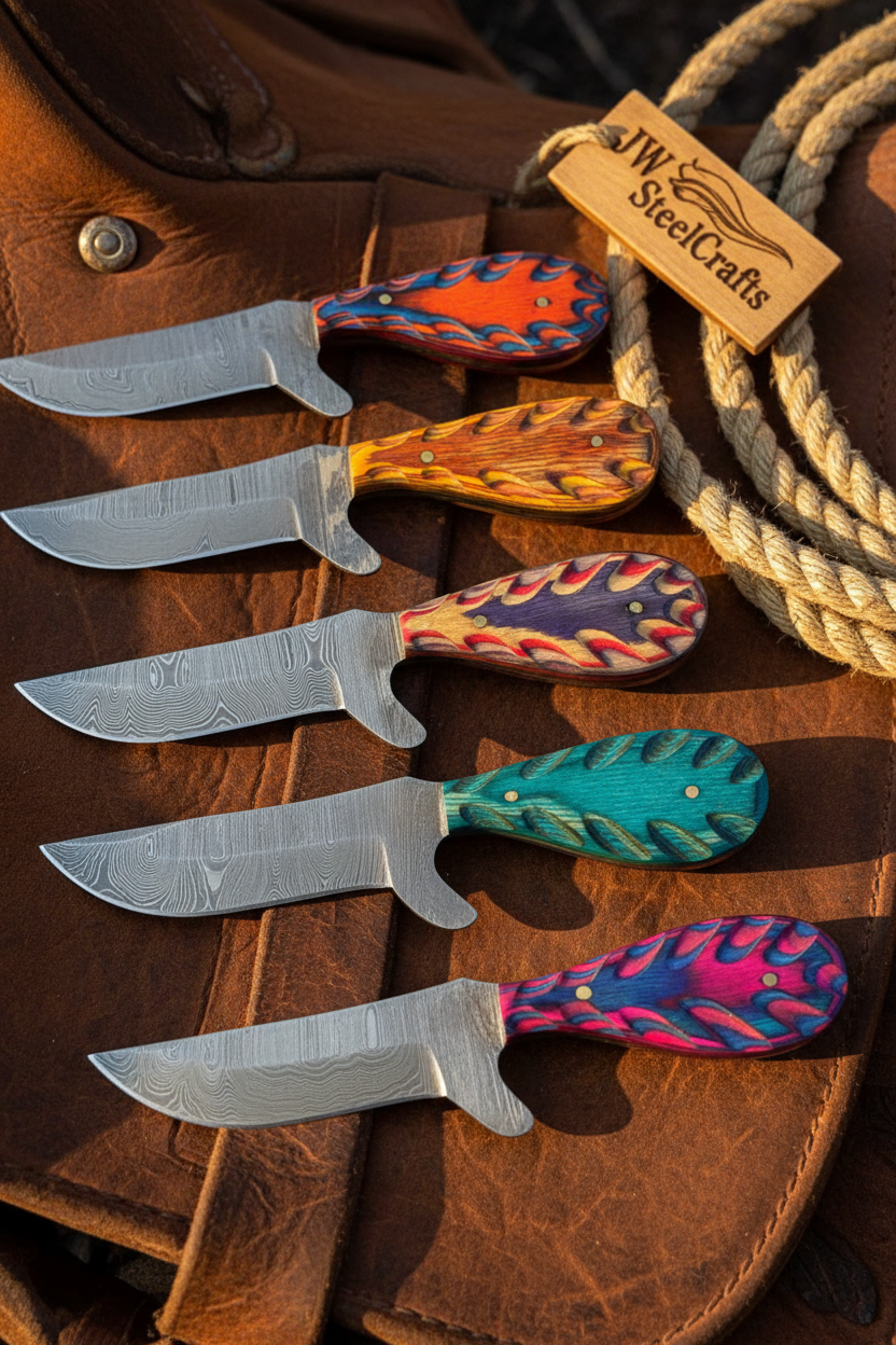 Saddle Point Damascus Cowboy Knife Set by JW SteelCrafts