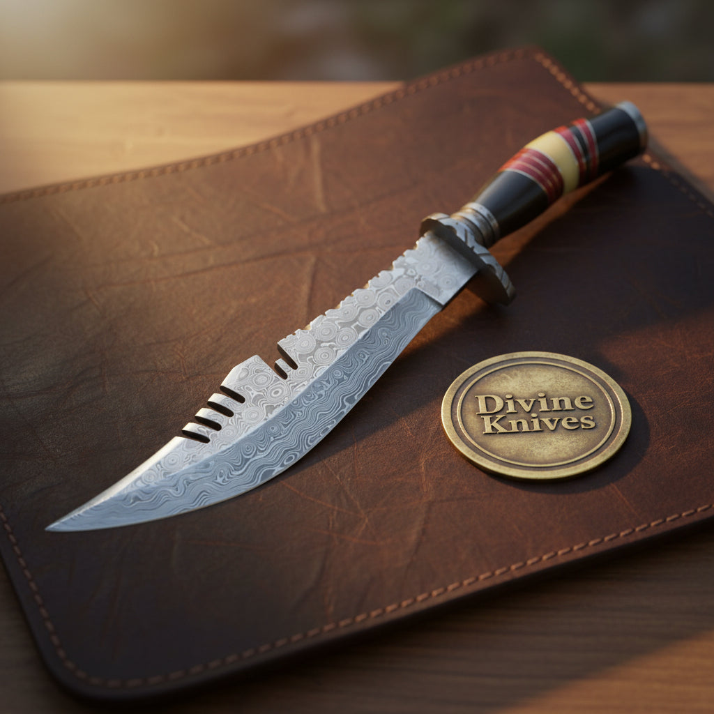 Cream and Red Spacer Handle Bowie Knife with Deep Sawtooth Spine for Camp Use