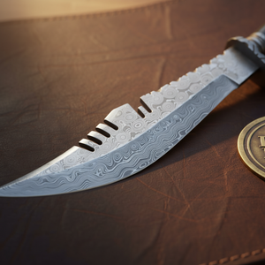 Cream and Red Spacer Handle Bowie Knife with Deep Sawtooth Spine for Camp Use