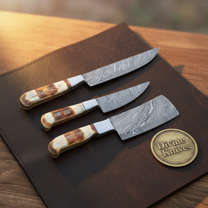 Emberstag Staghorn Damascus Butcher Chef Knife Set for Whole Cut Prep