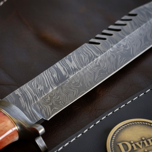 Fullered Bone Handle Bowie Knife with Slotted Spine Cutouts and White Stitched Black Sheath