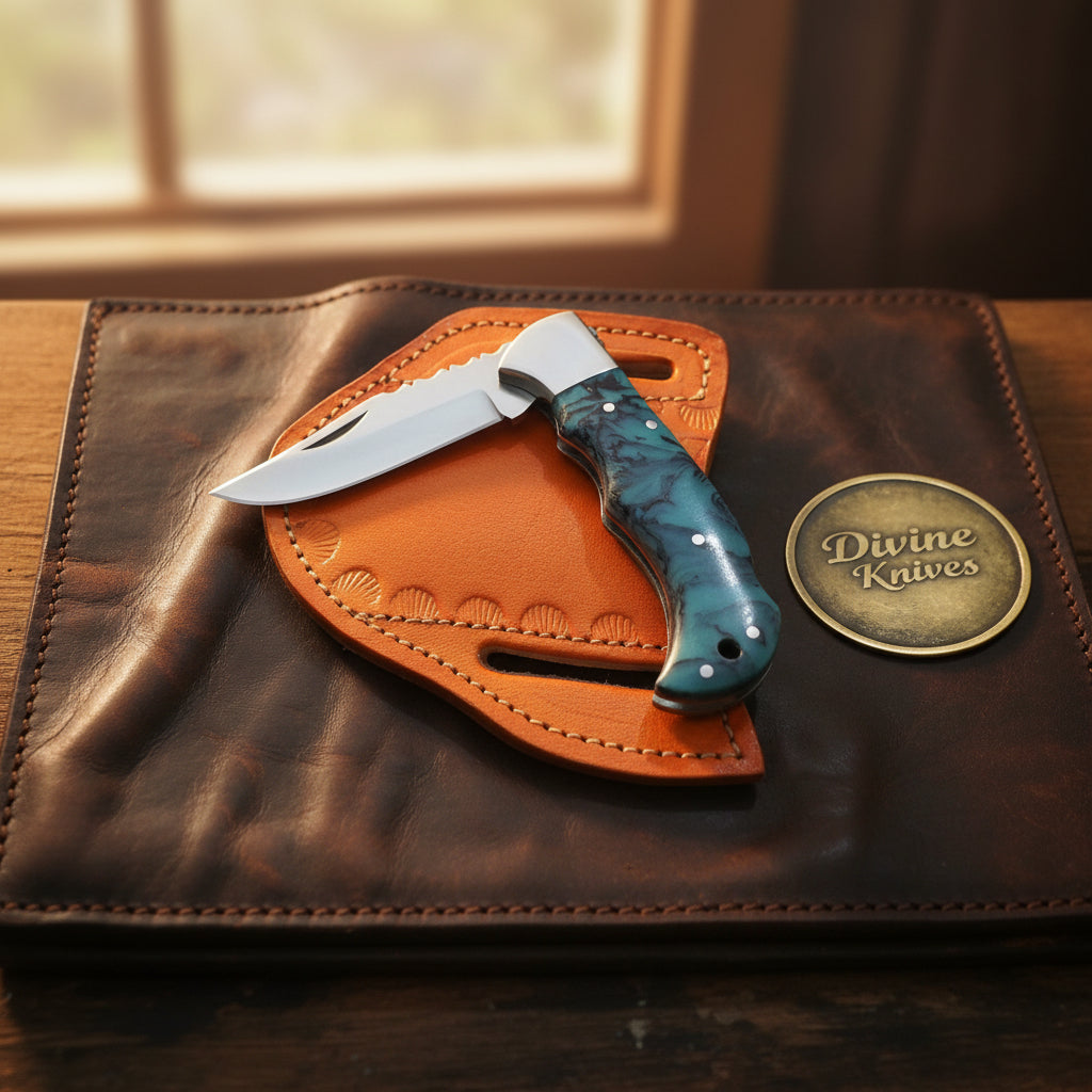 Teal Resin Lockback Pocket Knife with Carbon product detail, view 2