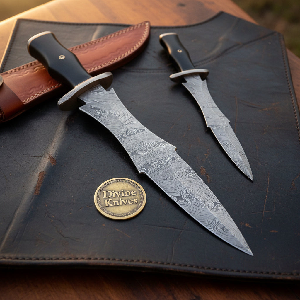 Horn Handle Dagger Knife Set of 2 with Steel Guard and Tooled Leather Sheath