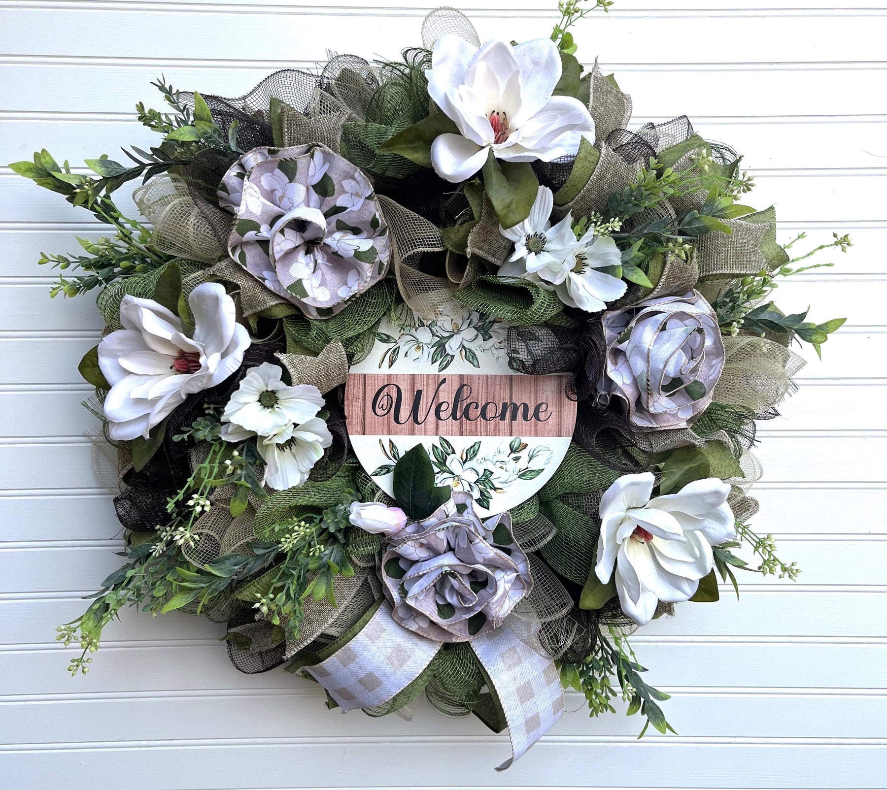 Farmhouse Welcome Wreath | Black & White Buffalo Plaid by Bouge Creations, view 2