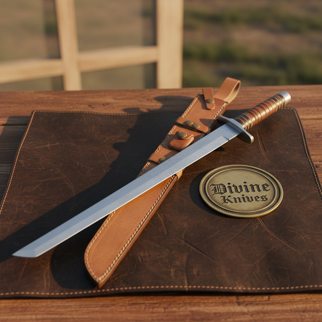Polished Steel Tanto Sword with Wrapped Handle and Leather Sheath