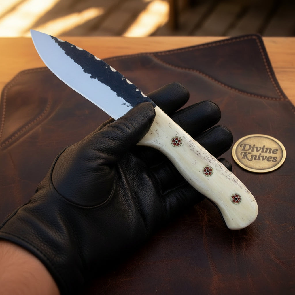 Brut de Forge Drop Point Hunting Knife with Bone Handle for Field Dressing