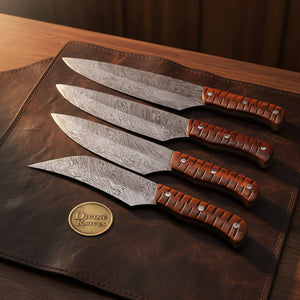 Rosewood Handle Chef Knife Set of 4 with Hand Forged Patterned Steel Blades