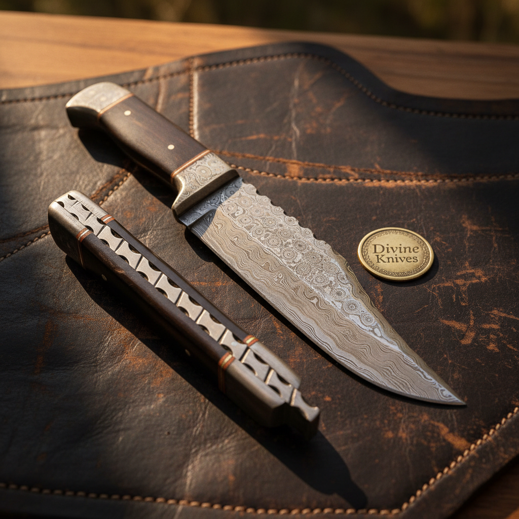 Hardwood Raindrop Damascus Drop Point Hunter with Dark Wood Handle