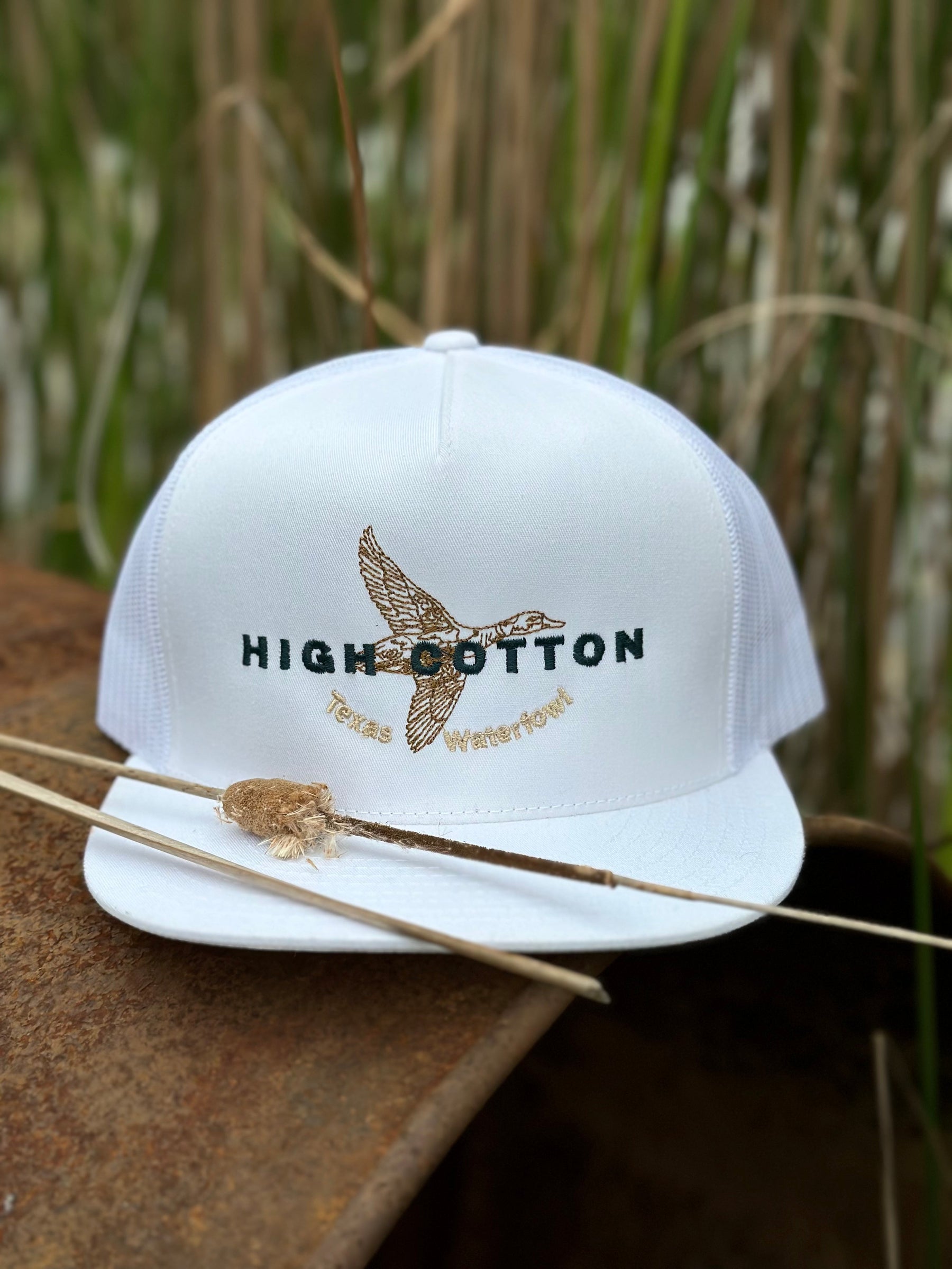 Detail view of Duck Hunting White Flat Bill Hat by High Cotton Hat Co
