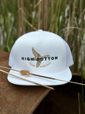 Detail view of Duck Hunting White Flat Bill Hat by High Cotton Hat Co
