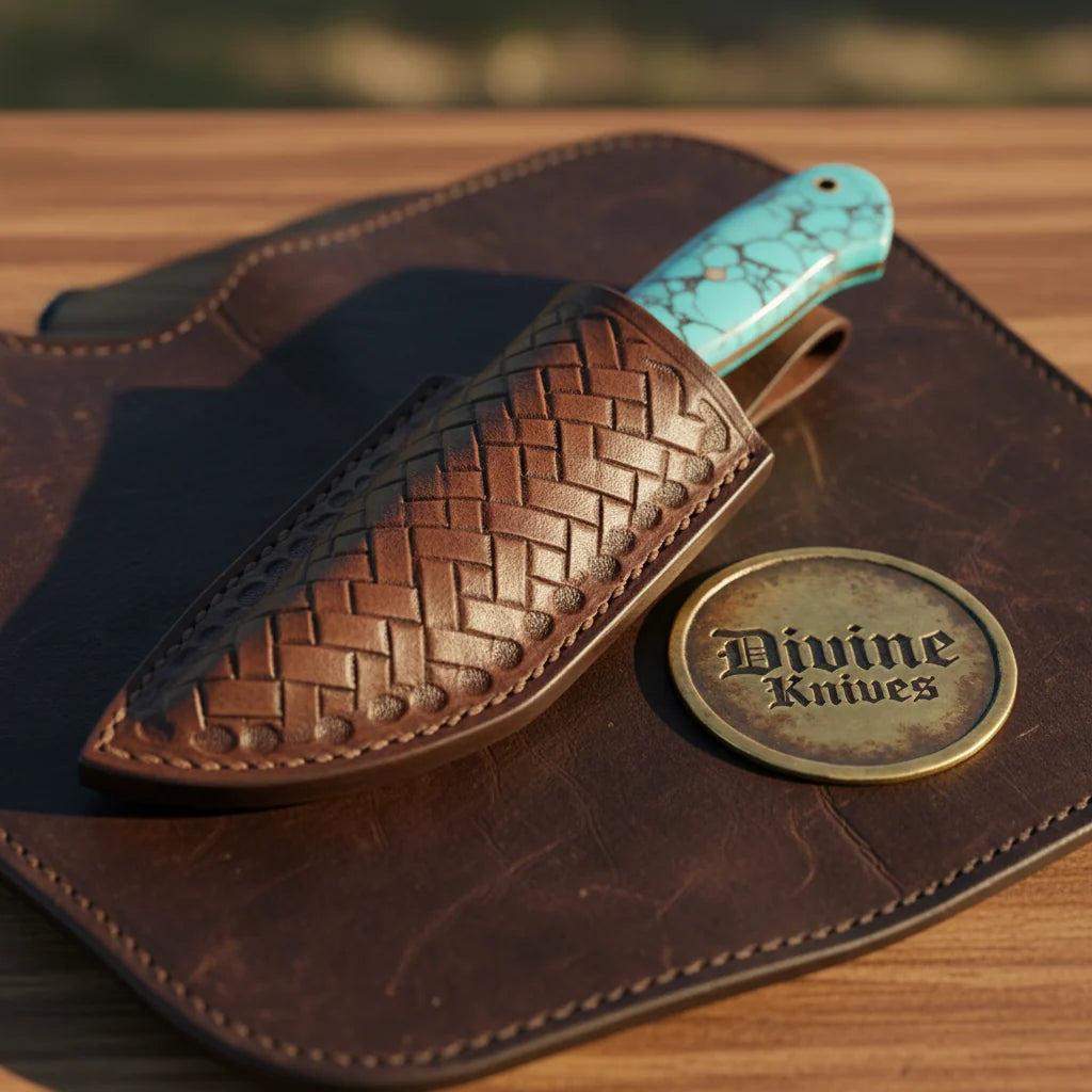 Turquoise Stone Skinner Knife with Cross-Hatch Blade for Hunters and Outdoor Users