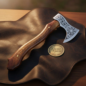 Longship Norse Engraved Viking Axe with Bearded Head and Inlaid Rosewood Haft
