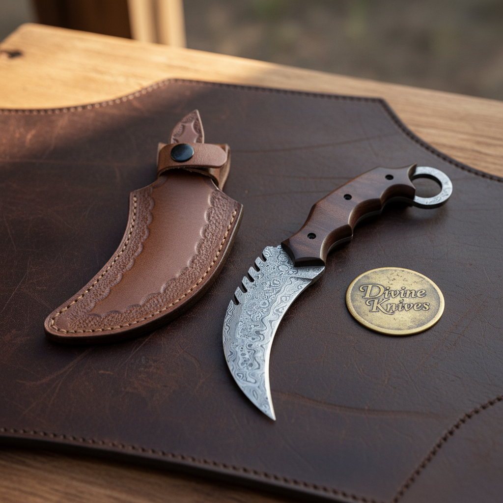 Karambit Claw Knife with Rosewood Handle, Finger Ring and Hand Forged Curved Blade by Divine Knives — product view 1
