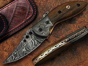 Rosewood Damascus Liner Lock Pocket Knife with Natural Grip Handle
