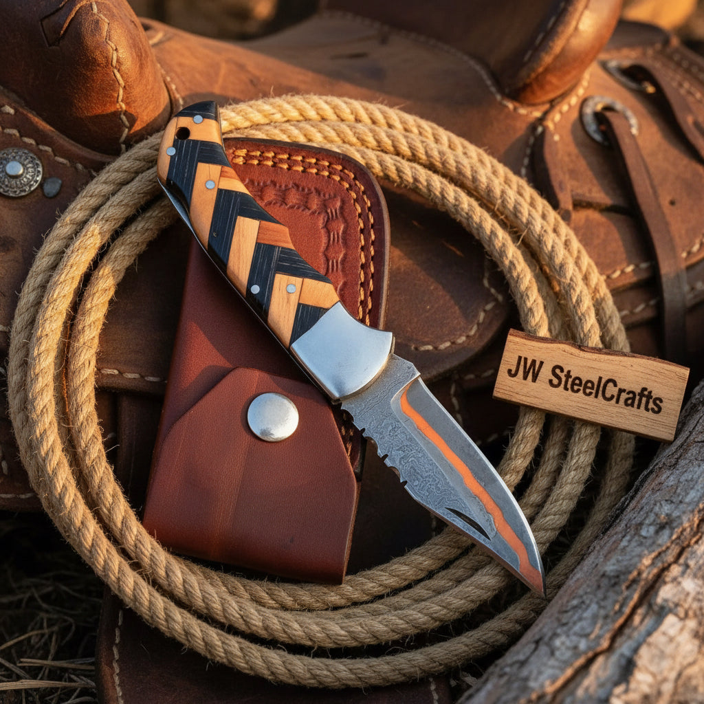 Timberline Trapper Damascus Folding Knife by JW SteelCrafts, alternate view 4