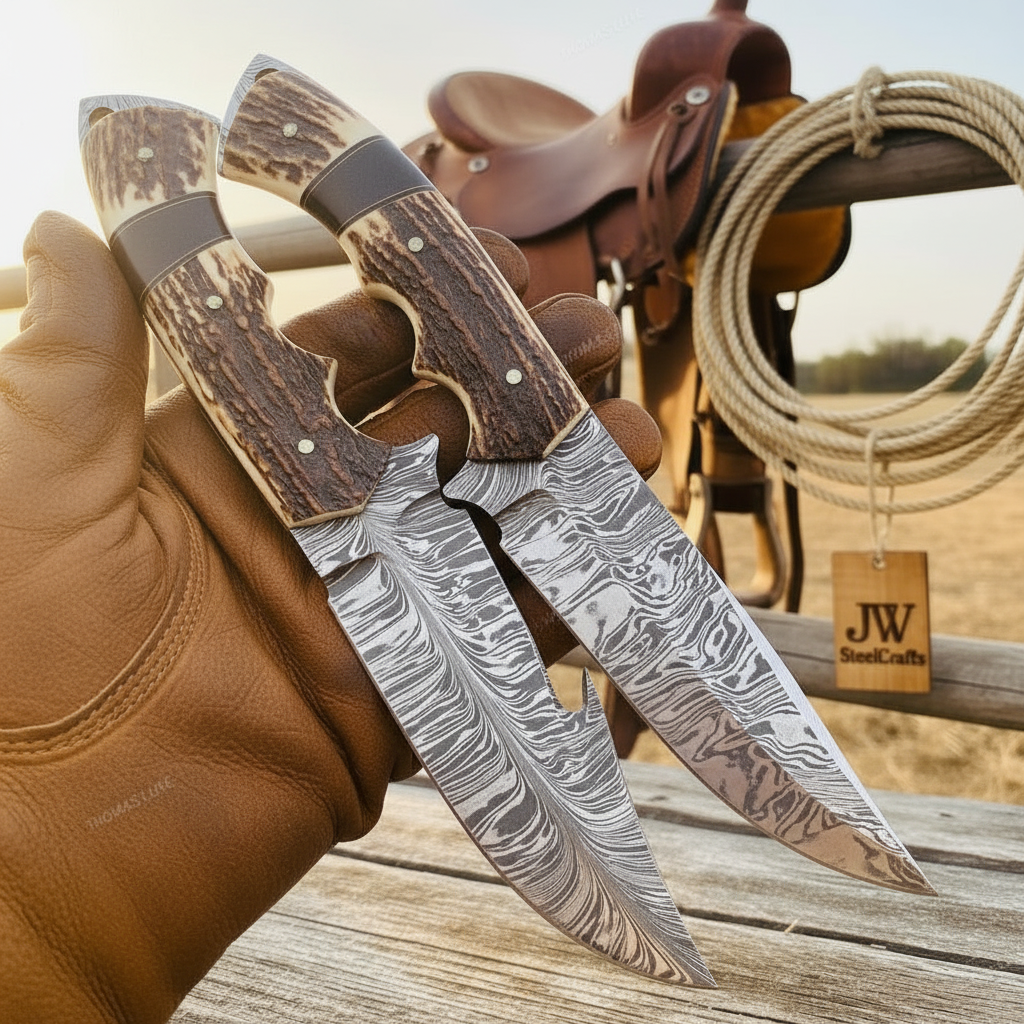 Rangeland Skinner Knife Duo Damascus Set of 2 by JW SteelCrafts — view 1 of 1