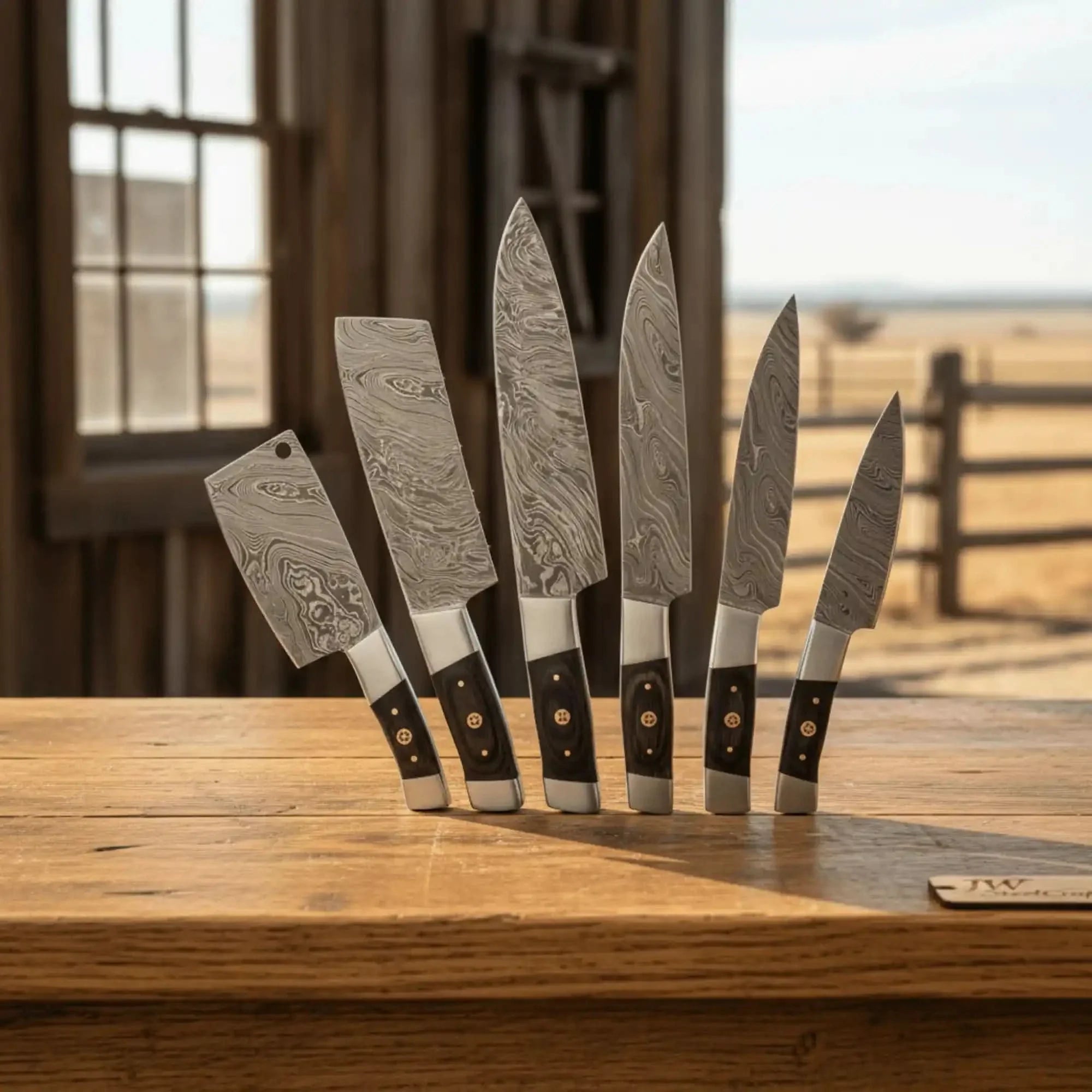 7-Piece Damascus Kitchen Knife Set — Chef, Santoku, Nakiri, Cleaver, Slicing, Utility & Paring by JW SteelCrafts, Damascus knife detail photo 2