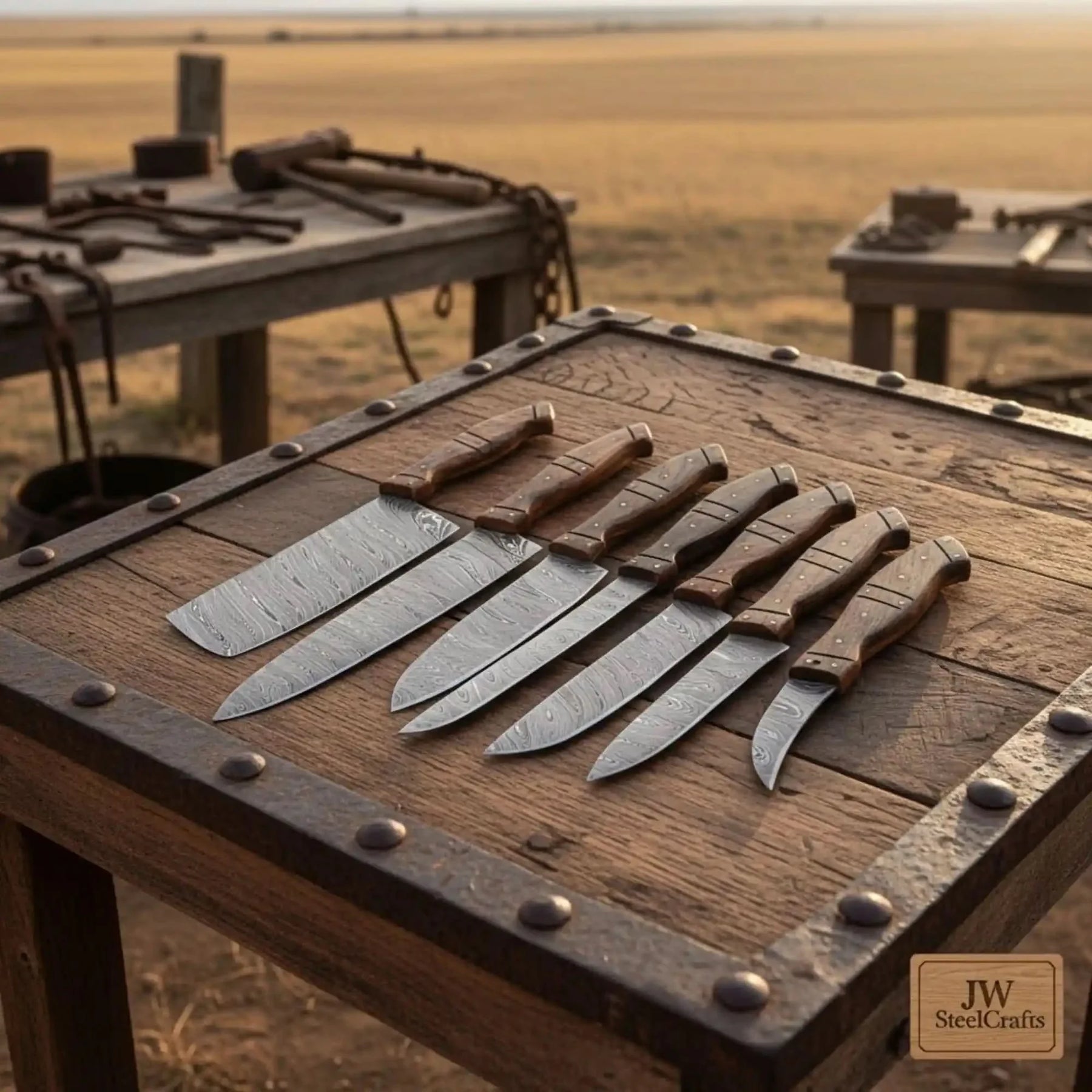 7-Piece Damascus Kitchen Knife Set — Bread, Nakiri, Chef, Santoku, Utility, Boning & Paring with Rosewood Handles & Wood Spacer by JW SteelCrafts, Damascus knife detail photo 3