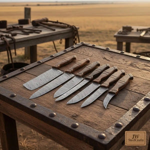 7-Piece Damascus Kitchen Knife Set — Bread, Nakiri, Chef, Santoku, Utility, Boning & Paring with Rosewood Handles & Wood Spacer by JW SteelCrafts, Damascus knife detail photo 3