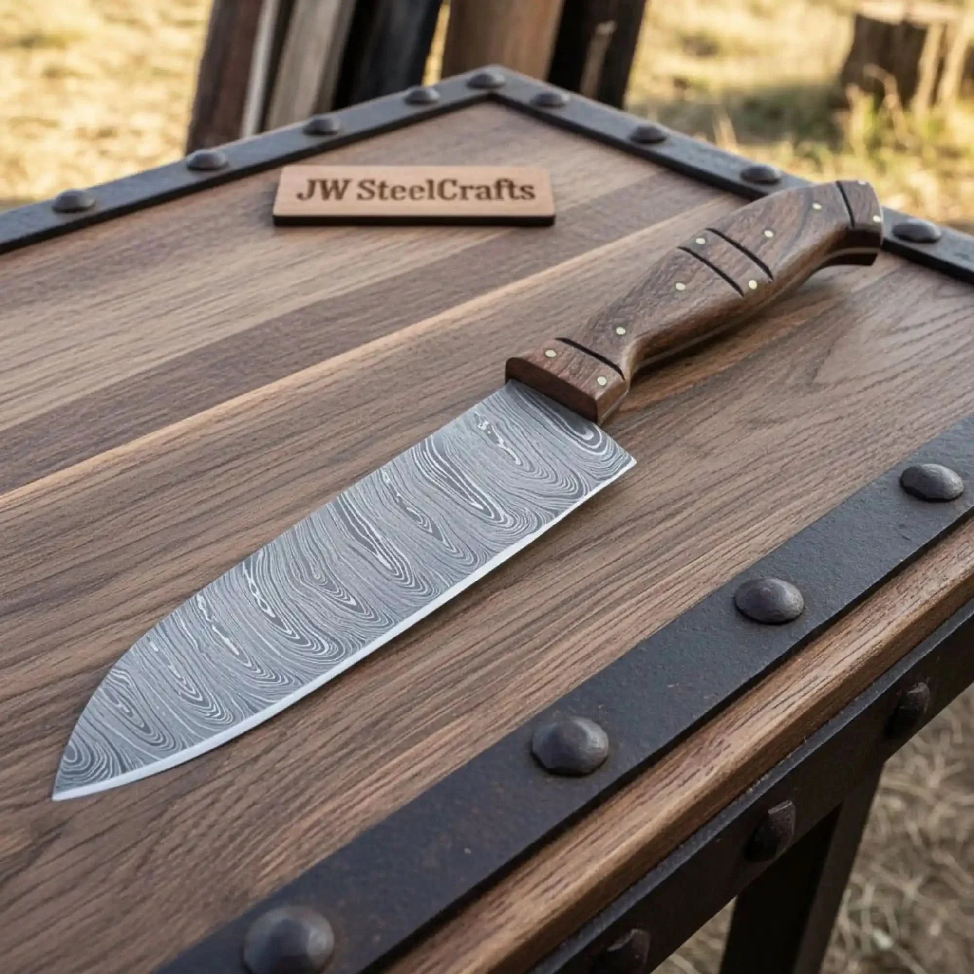 7-Piece Damascus Kitchen Knife Set — Bread, Nakiri, Chef, Santoku, Utility, Boning & Paring with Rosewood Handles & Wood Spacer by JW SteelCrafts, Damascus knife main product photo