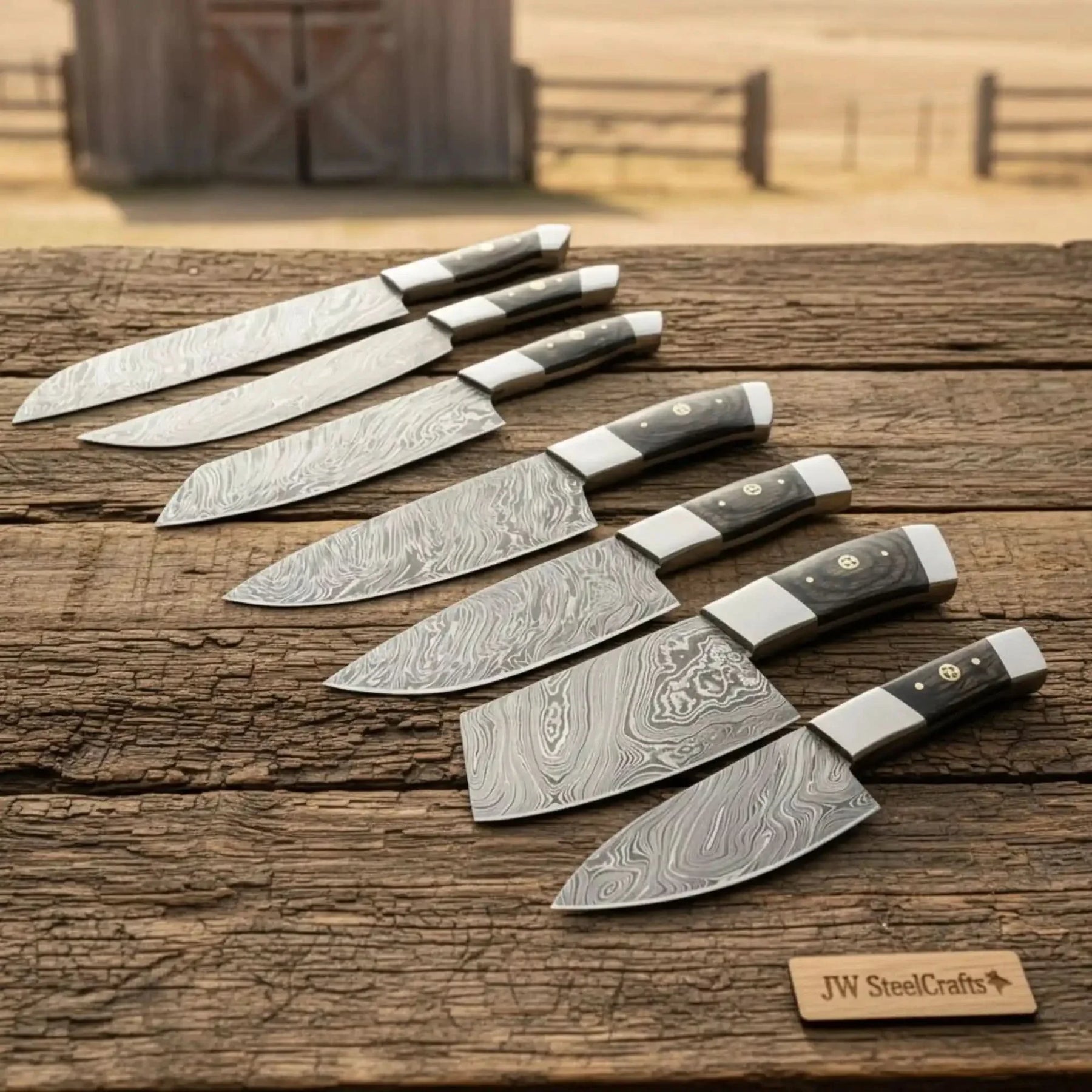 7-Piece Damascus Kitchen Knife Set — Chef, Santoku, Nakiri, Cleaver, Slicing, Utility & Paring by JW SteelCrafts, Damascus knife main product photo