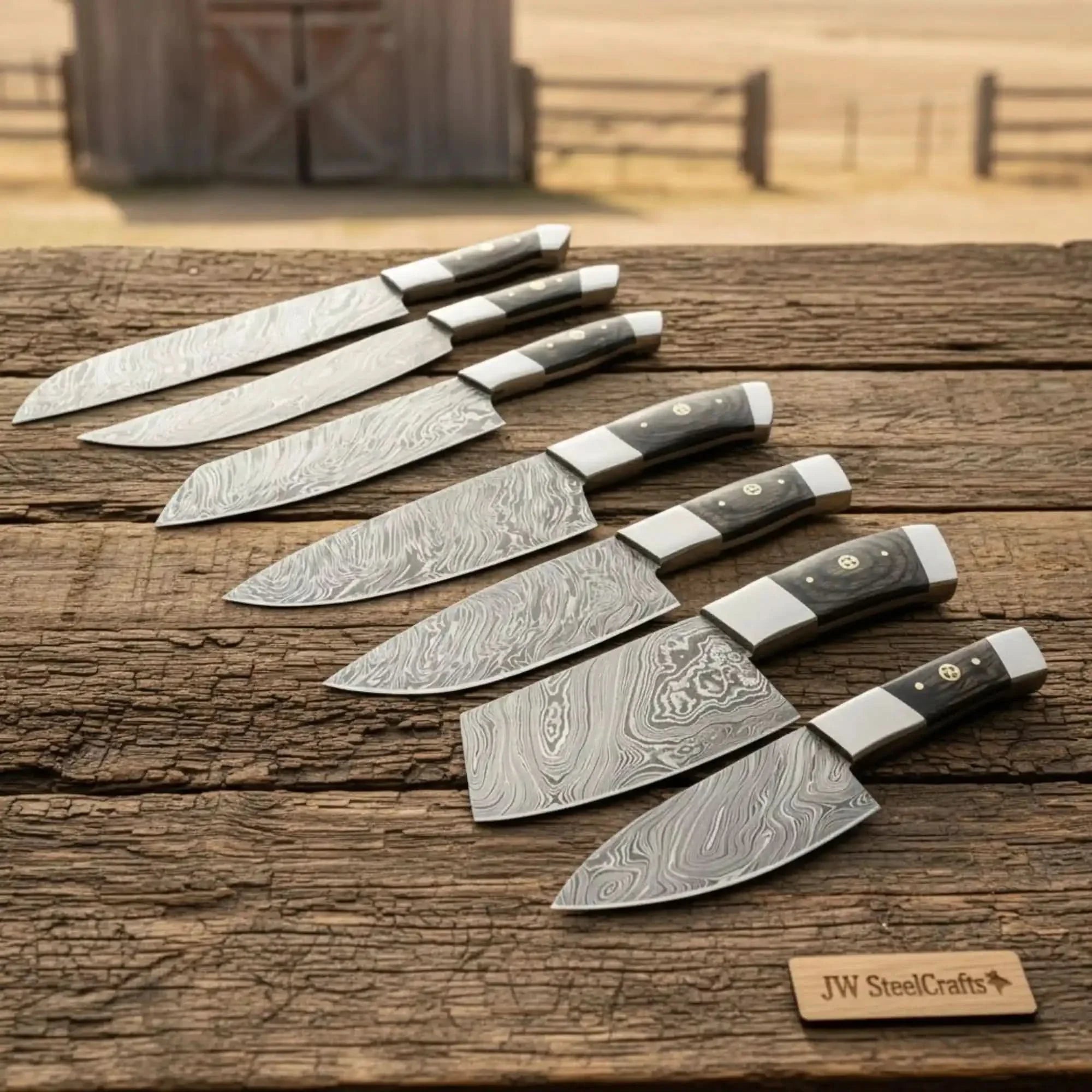 7-Piece Damascus Kitchen Knife Set — Chef, Santoku, Nakiri, Cleaver, Slicing, Utility & Paring by JW SteelCrafts, Damascus knife main product photo