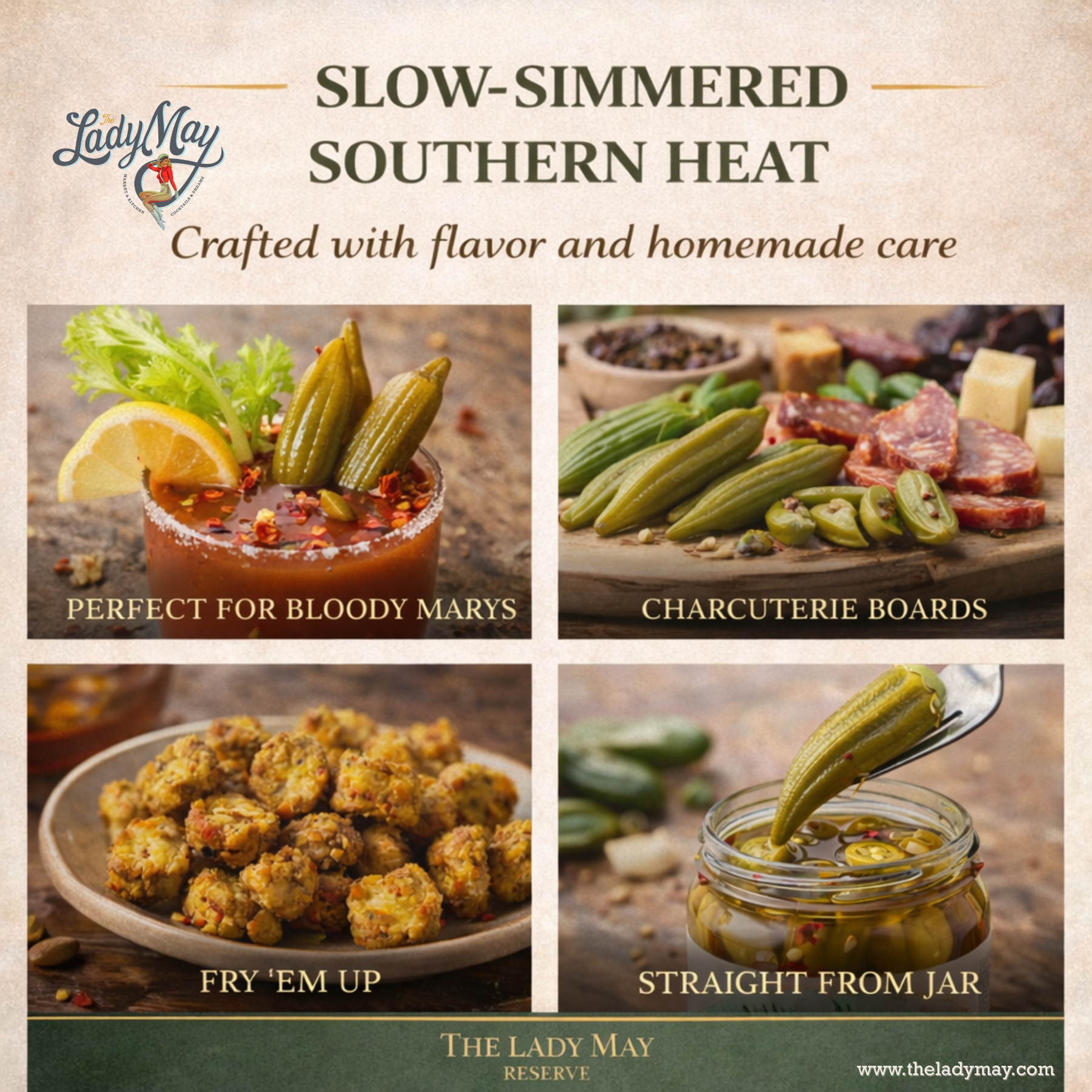 Lady May Sweet & Spicy Pickled Okra – 2 Pack (24oz Jars) – Southern Style Whole Fresh Okra Pods – Small Batch Restaurant Made – Sweet Heat with Jalapeño & Garlic