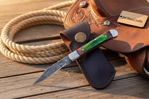 Forest Green Trail Trapper Knife Pakka Wood Damascus Steel folding Trapper Knife by JW SteelCrafts