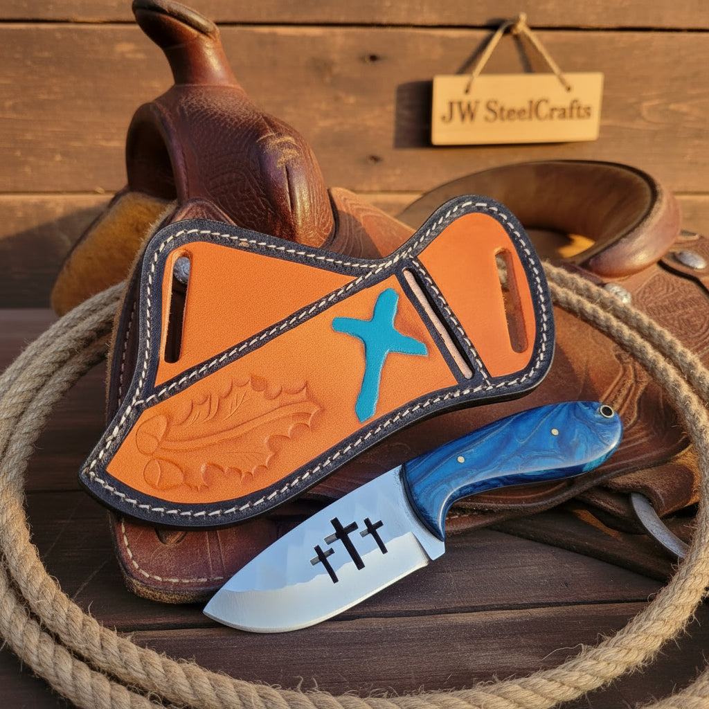 Triple Cross Ranch Knife Blue Pinecone Handle Engraved by JW SteelCrafts — view 1 of 1
