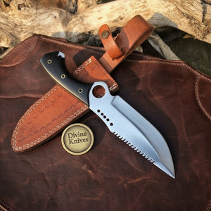 Sawback Drop-Point Survival Knife with Finger Ring Blade and Sheath