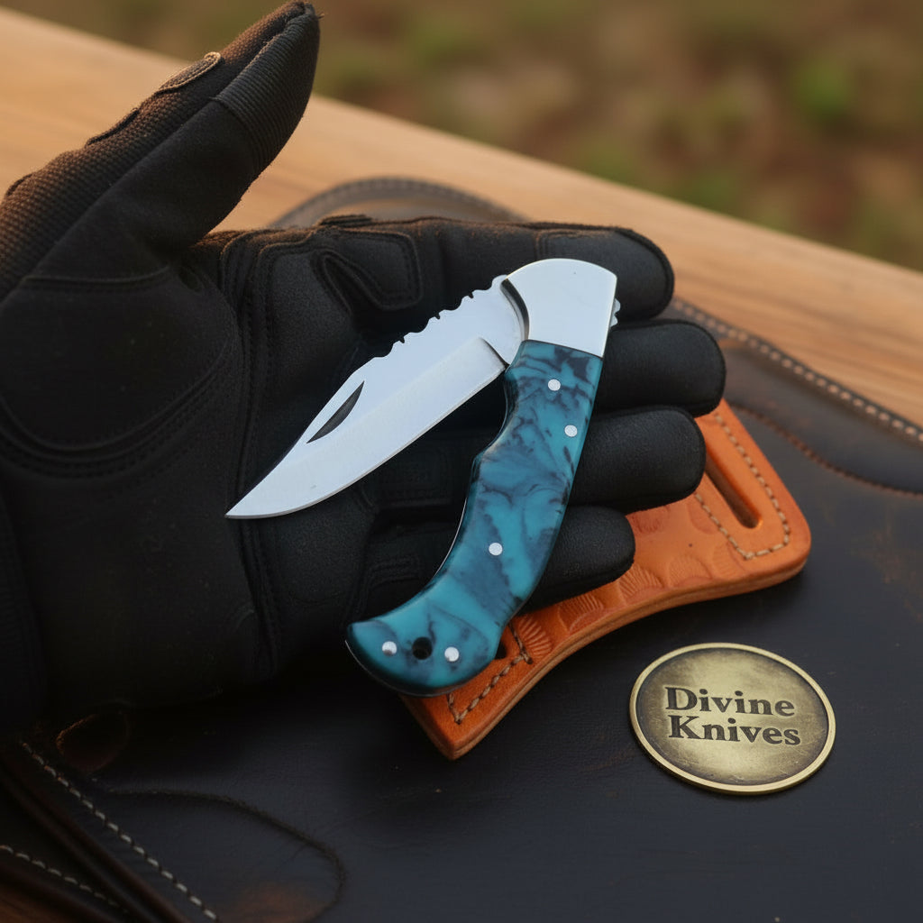 Teal Resin Lockback Pocket Knife with Carbon by Divine Knives
