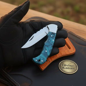 Teal Resin Lockback Pocket Knife with Carbon by Divine Knives