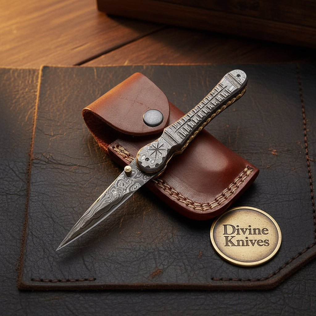 Engraved Damascus Liner-Lock Dagger Folder - Old-World Steel in Your Pocket
