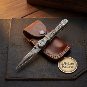 Engraved Damascus Liner-Lock Dagger Folder - Old-World Steel in Your Pocket