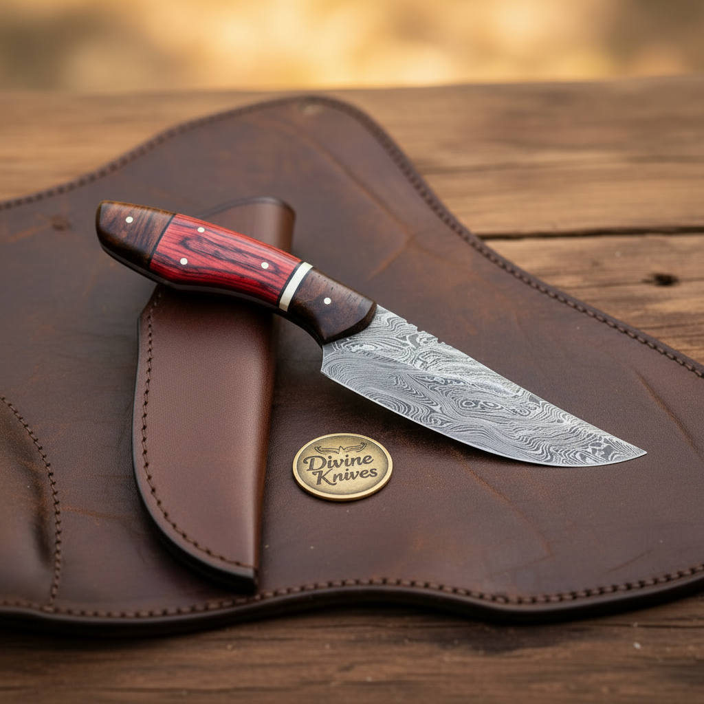 Red Pakkawood Damascus Drop Point Hunter for Hunting and Field Work