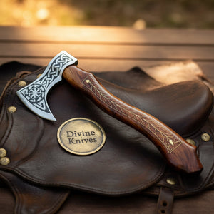 Longship Norse Engraved Viking Axe with Bearded Head and Inlaid Rosewood Haft